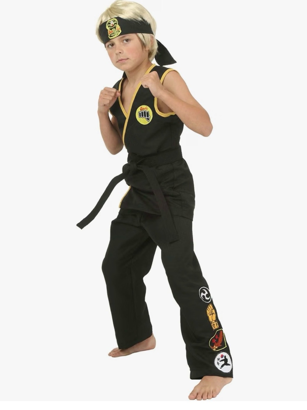 Kids Black KOBRA KAI Martial Arts Costume with Yellow Trim SMALL
